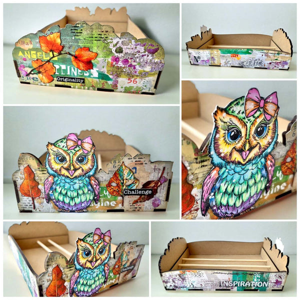 A collage of six views showing a decorative cardboard storage box with a colorful owl illustration and scrapbook-style printed details. The box is shown from multiple angles, including open and closed views, on a plain light background.