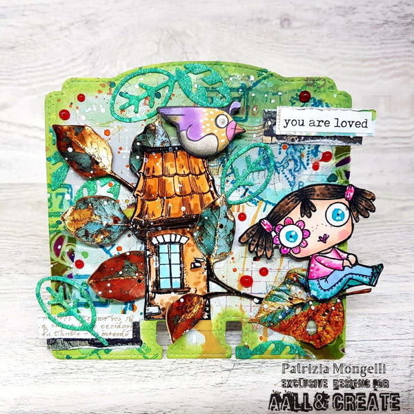 Colorful art piece with a birdhouse, bird, and child figure on a textured surface.