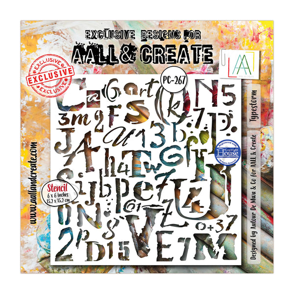 A collage-style product card for AALL & CREATE stencil letters, showing a white stencil sheet with decorative black, brown, and gold letterforms over an abstract painted background. Visible text includes 'EXCLUSIVE DESIGNS FOR AALL & CREATE', 'Stencil 6 & 6 inches PE-267', and brand marks for AALL & CREATE, House, and De Man & Co.