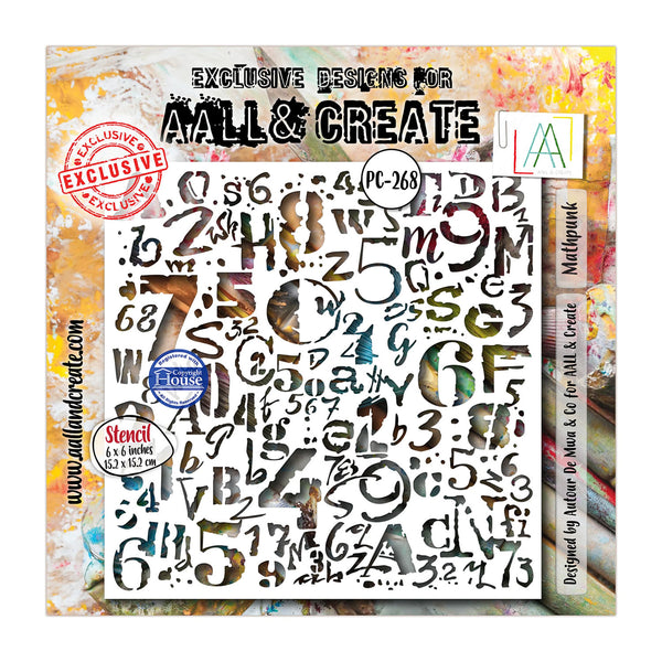 A square craft stencil sheet labeled 'Exclusive Designs for All & Create' with many black painted numbers and letters on a white sheet, shown against a colorful abstract background. Visible text includes 'Stencil & Stamps', 'PC-268', and 'All & Create'.