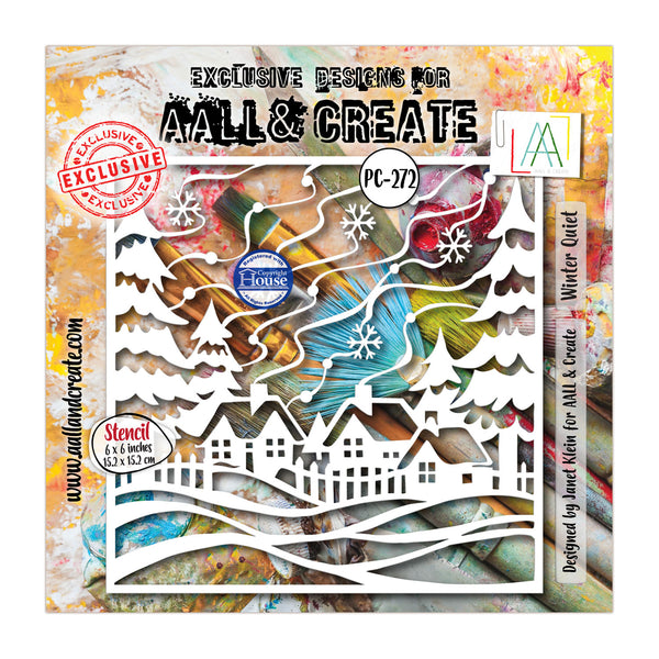 A packaged craft stencil set titled 'Winter Outfit' by AMLL & Create, featuring a white die-cut stencil design of snowy houses, trees, and snowflakes over a colorful abstract background. The packaging includes branding, product code PC-272, and a red exclusive stamp.