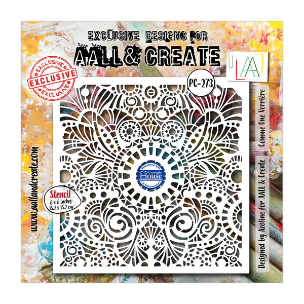 A square stencil product shown on a branded backing card. The stencil has an intricate symmetrical mandala-style cutout pattern in white metal.