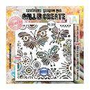 A nail art stencil sheet from All & Create, featuring butterfly and floral cutout patterns. The stencil is displayed on a colorful, textured background with branding and product details.