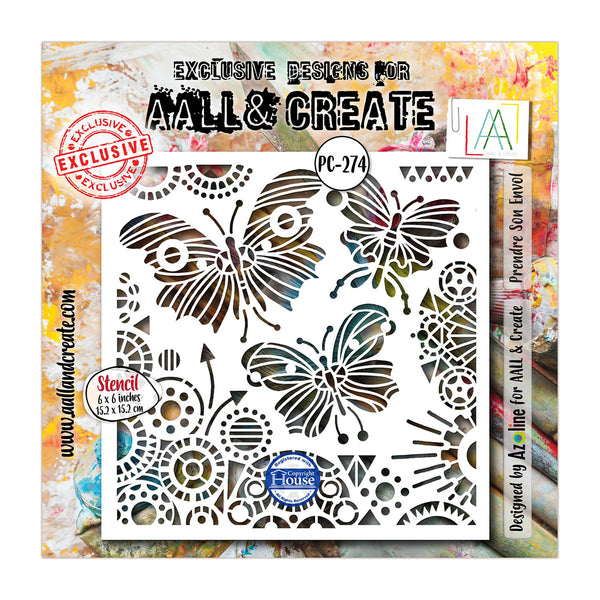 A nail art stencil sheet from All & Create, featuring butterfly and floral cutout patterns. The stencil is displayed on a colorful, textured background with branding and product details.
