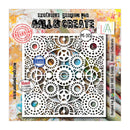 A square craft stencil sheet featuring a geometric cogs and gears pattern, displayed on a colorful, textured background with branding for 'All & Create'.