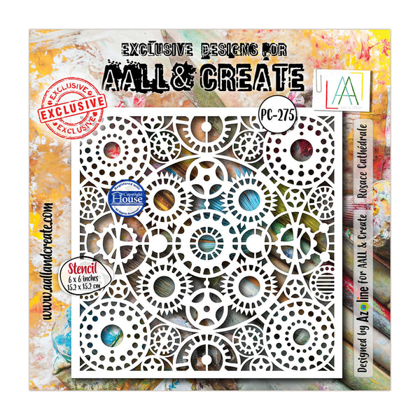 A square craft stencil sheet featuring a geometric cogs and gears pattern, displayed on a colorful, textured background with branding for 'All & Create'.