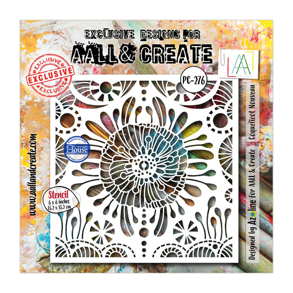 A wall stencil product shown in its retail packaging, featuring a white stencil with an intricate circular floral mandala pattern. The packaging includes colorful abstract background art and text such as 'EXCLUSIVE DESIGNS FOR WALL & CREATE', 'PC-216', and 'Stencil 6.