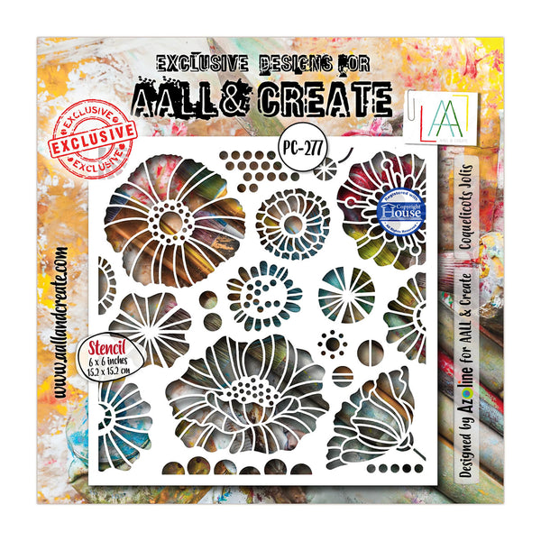 A floral metal stencil sheet shown on a colorful painted background. The stencil features large flower and dot patterns with cutouts revealing a multicolored marbled paper layer behind it.