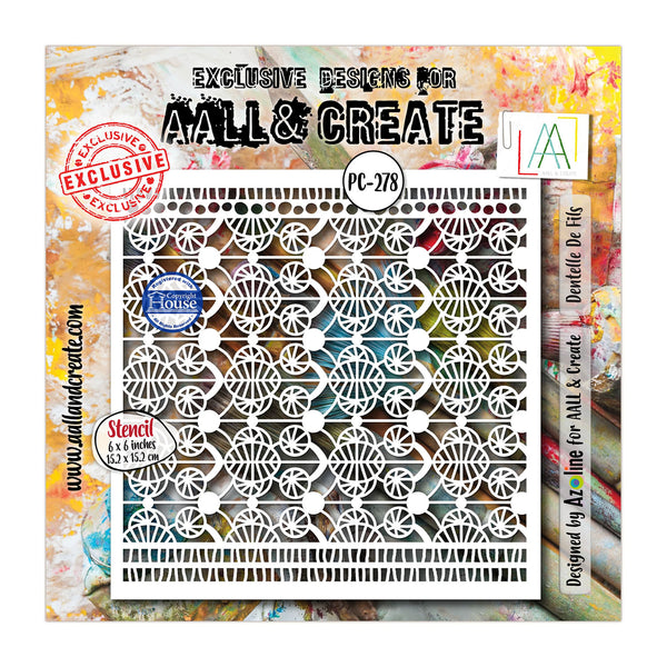 A white laser-cut stencil with an intricate geometric floral pattern, presented on a colorful, textured craft background. The stencil is branded with 'Mall & Create' and has a blue 'Fouse' logo on it.