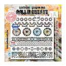 A metal stencil sheet with multiple circular and geometric cutout patterns, shown on a colorful textured background. The stencil features designs from All & Create, including floral, striped, and triangular motifs, with branding and product code PC-279 visible.