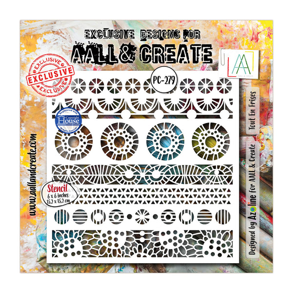 A metal stencil sheet with multiple circular and geometric cutout patterns, shown on a colorful textured background. The stencil features designs from All & Create, including floral, striped, and triangular motifs, with branding and product code PC-279 visible.