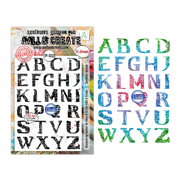A sheet of alphabet stamps with distressed, colorful letter designs shown next to the product packaging. The packaging is branded 'Mall & Create' and features the product code 'FP-1332'.