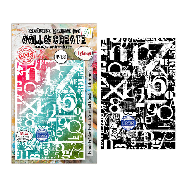 A stamp design sheet and its retail packaging from All & Create, featuring a collage of distressed black and white numbers with a colorful sample preview on the box.