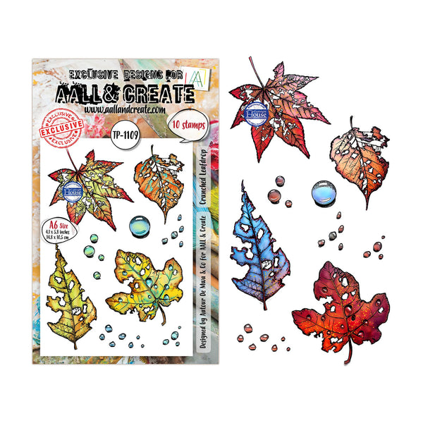 A sheet of 16 autumn leaf stamps from Moll & Create, shown both on its patterned retail packaging and as loose stamp designs. The stamps feature various maple and oak leaves in vibrant fall colors including red, orange, yellow, and blue, detailed with distressed textures, splatters, and small splashes of paint.