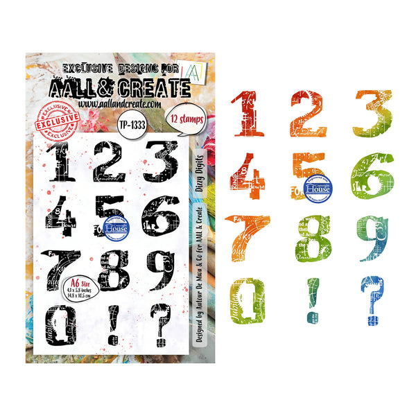 A sheet of black rubber stamp designs for AALL & CREATE, featuring distressed numbers 0 through 9, exclamation marks, and question marks, shown next to the individual stamped number designs on a white background.