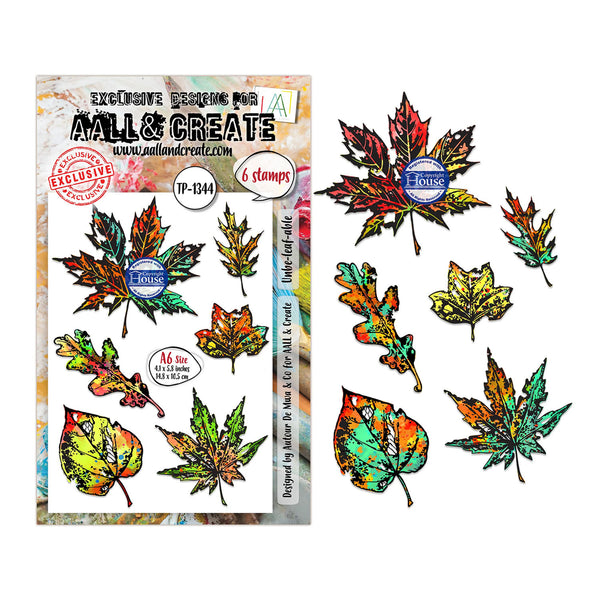 A sheet of decorative autumn maple leaf stamps shown beside the retail packaging. The product includes six colorful stamped leaf designs in fall shades of orange, yellow, green, red, and brown on a white background.