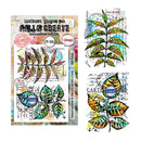 A product display for 'Exquisite Designs for Mall & Create' stamp set TP-1345, featuring two distinct leaf stamp designs with colorful autumn leaves on a vintage postcard background. The left side shows the retail packaging, while the right side displays the two stamp designs individually.