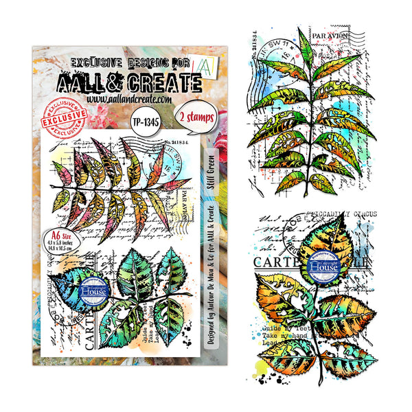 A product display for 'Exquisite Designs for Mall & Create' stamp set TP-1345, featuring two distinct leaf stamp designs with colorful autumn leaves on a vintage postcard background. The left side shows the retail packaging, while the right side displays the two stamp designs individually.