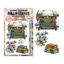A stamp set packaging and design sheet featuring vintage typewriters, lilies, and stacks of books. The left side shows the retail package with text including 'AALL & CREATE', 'Exclusive Stamp for AALL & CREATE', and product code 'VP-1346'.