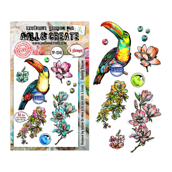 A stamp set sheet and preview showing colorful tropical bird and floral designs. The left side shows the retail packaging with the text 'MALL & CREATE' and stamp code TP-1247, while the right side displays the illustrated stamp artwork including a toucan, flowers, leaves, and small circular embellishments.