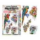 A sheet of temporary tattoo designs featuring colorful tropical parrots, pink and yellow flowers, and botanical illustrations, shown alongside the retail packaging card. The brand 'Aill & Create' is clearly visible on the packaging.