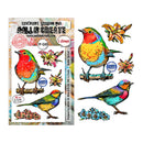 A sheet of bird and flower stamps shown alongside its retail packaging. The stamps feature colorful illustrated birds, including robins and a bluebird, with matching flowers.