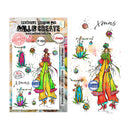 A stamp set packaging and sheet from A4ll & Create 'Xmas Evergreen Dreamer' (TP-1645). The packaging on the left features a whimsical illustration of a woman in a colorful winter coat with Christmas trees and ornaments.