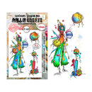 A MALL & CREATE acrylic stamp set featuring a whimsical clown character with colorful watercolor-style details, shown with the retail packaging on the left and the stamp design preview on the right.