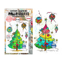 A MALL & CREATE clear stamp set shown with its retail packaging on the left and a sample stamped design on the right. The design features a colorful Christmas tree with patterned ornaments, balloons, stars, and festive paint splatters in bright green, blue, pink, yellow, and red tones.