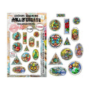 A sheet of decorative stamp designs shown next to several individual stamp cutouts on a plain white background. The packaging text reads 'Exclusive Design by MALL & CREATE' and '12 stamps TP-1490'.