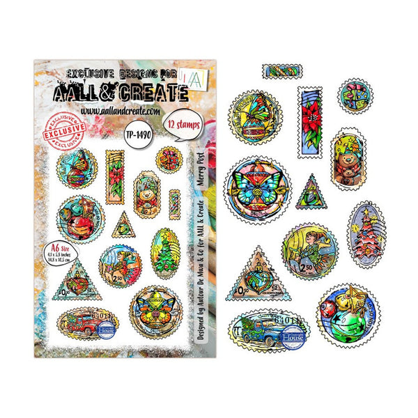 A sheet of decorative stamp designs shown next to several individual stamp cutouts on a plain white background. The packaging text reads 'Exclusive Design by MALL & CREATE' and '12 stamps TP-1490'.