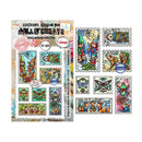 A sheet of postage stamp designs for cross-stitching, featuring whimsical illustrated stamps with woodland characters, animals, flowers, and butterflies. The sheet includes branding text for 'Mall & Create' and shows multiple colorful stamp patterns arranged beside the backing card.