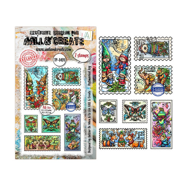A sheet of postage stamp designs for cross-stitching, featuring whimsical illustrated stamps with woodland characters, animals, flowers, and butterflies. The sheet includes branding text for 'Mall & Create' and shows multiple colorful stamp patterns arranged beside the backing card.