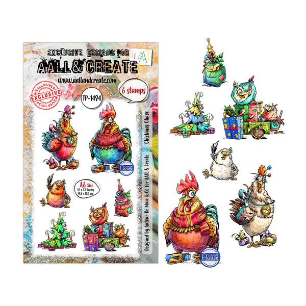 A sheet of colorful cartoon chicken stamps shown next to its retail packaging. The packaging is branded AALL & CREATE and features the product code IP-1494.