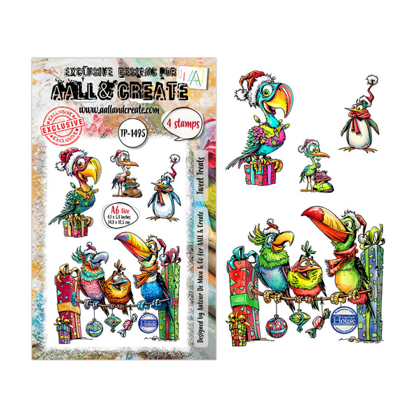 A sheet of holiday-themed bird stamps from All & Create, featuring colorful toucans, penguins, and parrots wearing Christmas hats and scarves, shown both inside the product packaging and as individual stamp designs.