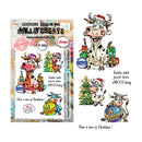 A sheet of rubber stamps and five example stamp designs featuring a cartoon cow with a Santa hat, Christmas tree, gifts, and holiday text. The packaging reads 'Exclusive Design for AALL & CREATE' and includes product code IP-1496.