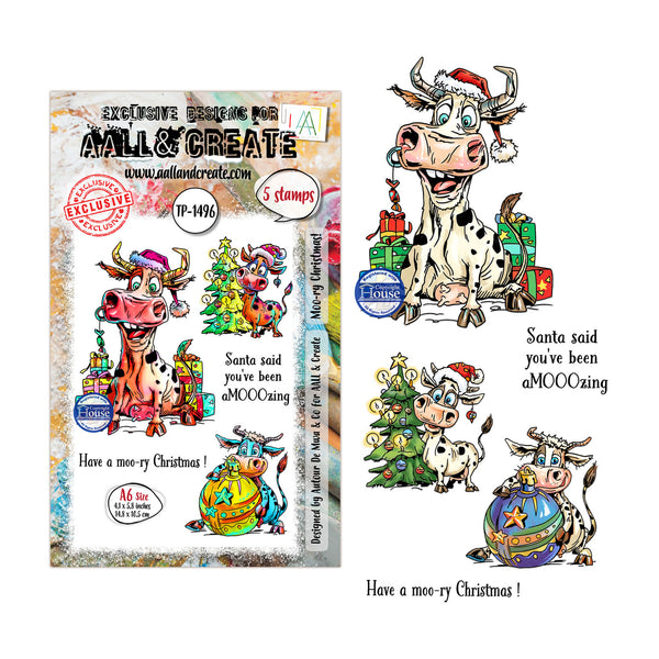 A sheet of rubber stamps and five example stamp designs featuring a cartoon cow with a Santa hat, Christmas tree, gifts, and holiday text. The packaging reads 'Exclusive Design for AALL & CREATE' and includes product code IP-1496.