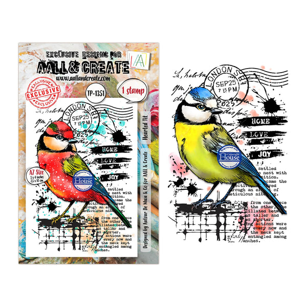 A bird-themed stamp set shown as both the retail packaging and the resulting stamp artwork. The packaging features a colorful bird illustration with postmark stamps and decorative text.