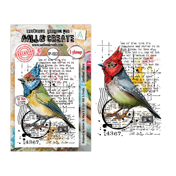 A bird-themed stamp design shown as both the front packaging and the resulting stamp artwork. The packaging features a colorful bird illustration over a vintage-style printed background with text and stamp details.