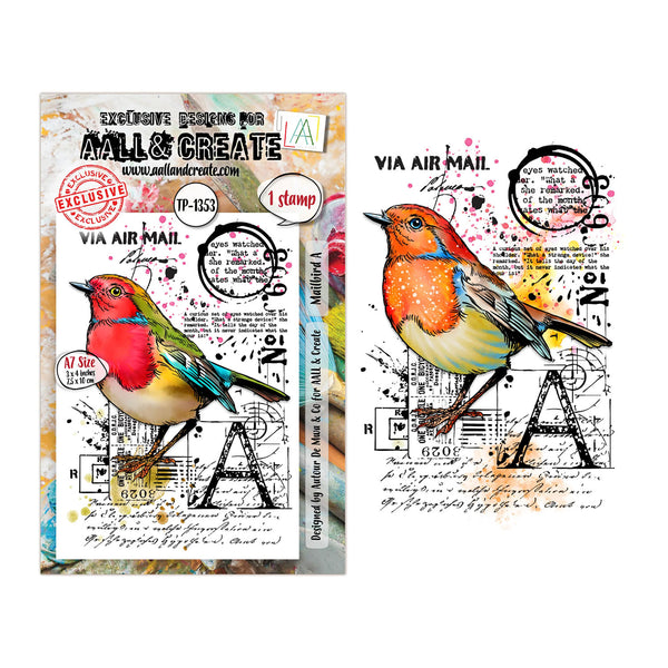 A stamp design sheet and matching stamp impression showing a colorful bird perched on an airplane wing over vintage air mail stamps and postmarks. The left side shows the printed packaging/card with text including 'AALL & CREATE', 'VIA AIR MAIL', and '1 stamp', while the right side shows the bird artwork alone on a white background.