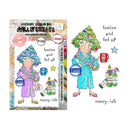 A product listing graphic showing a holiday-themed rubber stamp set by Mill & Create. The left side displays the retail packaging card, and the right side shows the individual stamped designs: a woman in a blue robe with a Christmas tree hairstyle, a mug that reads 'festive and fed up', a star, and holiday bottles, all labeled 'merry-ish'.