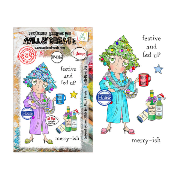 A product listing graphic showing a holiday-themed rubber stamp set by Mill & Create. The left side displays the retail packaging card, and the right side shows the individual stamped designs: a woman in a blue robe with a Christmas tree hairstyle, a mug that reads 'festive and fed up', a star, and holiday bottles, all labeled 'merry-ish'.