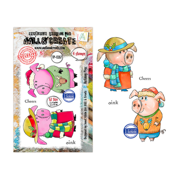 A sheet of holiday pig rubber stamps by Mill & Create, featuring three illustrated pigs in festive outfits. The packaging is shown on the left, and the four stamped designs are displayed to the right on a white background.