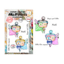 A stamp set packaging and sample sheet for the Mill & Create 'Light This Season' collection, featuring three cute angel stamps in pink, green, and blue, with the brand name Mill & Create clearly visible.