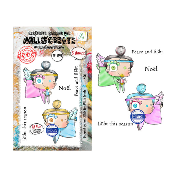 A stamp set packaging and sample sheet for the Mill & Create 'Light This Season' collection, featuring three cute angel stamps in pink, green, and blue, with the brand name Mill & Create clearly visible.