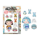 A sheet of craft stamps and dies from Mill & Create's 'Sixth Sense Series 2' featuring cute cartoon characters, including a girl with blue hair, penguins, a bear, and reindeer, along with themed die cuts on a white background.