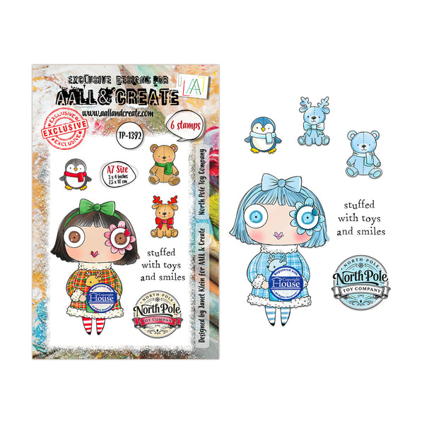 A sheet of craft stamps and dies from Mill & Create's 'Sixth Sense Series 2' featuring cute cartoon characters, including a girl with blue hair, penguins, a bear, and reindeer, along with themed die cuts on a white background.
