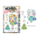 A stamp set packaging and sheet preview for 'Sparkle Season' by Mill & Create, featuring a cartoon girl with a flower crown, colorful stars, Christmas trees, and festive phrases on a white background.