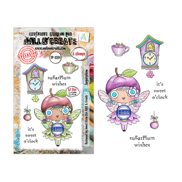 Clearing tapestry sheet from Mill & Create featuring a cute fairy character with a purple plum blossom head, pink wings, and a blue 'House' sign, alongside matching cupcake and birdhouse motifs and text reading 'it's sweet o'clock' and 'subarPlum wishes'.