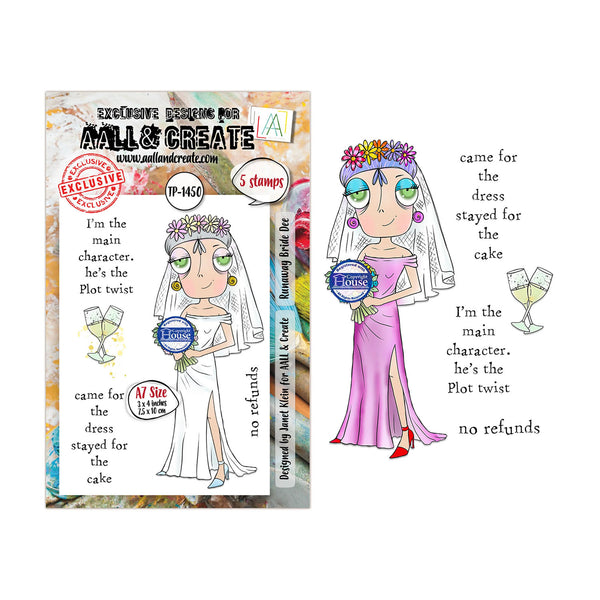 A product listing for a Mill & Create rubber stamp set featuring a cartoon bride character in a white wedding dress and a pink wedding dress, with champagne glasses and text reading 'came for the dress stayed for the cake.' The left side shows the retail packaging card, and the right side shows the stamp design and sample text on a white background.